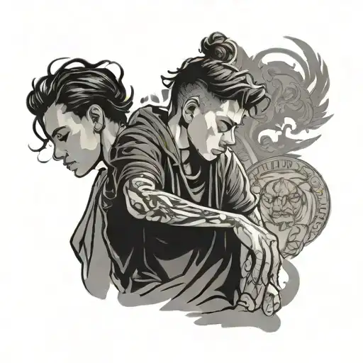 a teen in ordinary clothes, behind him are the silhouettes of his mothe tattoo design idea