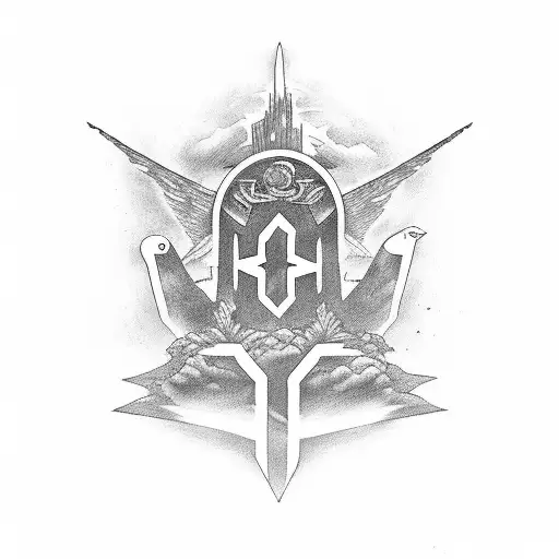 Un paisaje oscuro con un cuervo posado en una rama y un rayo iluminando el cielo tattoo design idea