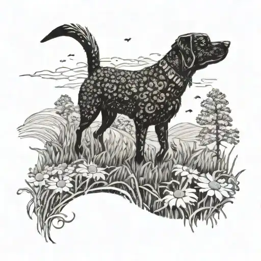 A dotwork tattoo of a country landscape with a silhouette of your dog Charlie running through a field of daisies tattoo design idea