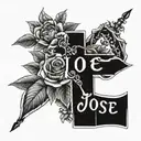 A blackwork tattoo of a cross with a banner that says 'Jose' intertwined with roses and sunflowers tattoo design idea