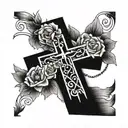 A blackwork tattoo of a cross with a banner that says 'Jose' intertwined with roses and sunflowers tattoo design idea