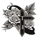 A blackwork tattoo of a cross with a banner that says 'Jose' intertwined with roses and sunflowers tattoo design idea