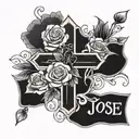 A blackwork tattoo of a cross with a banner that says 'Jose' intertwined with roses and sunflowers tattoo design idea