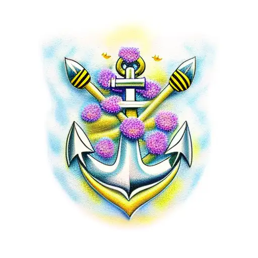 anchor with bees and flowers tattoo design idea