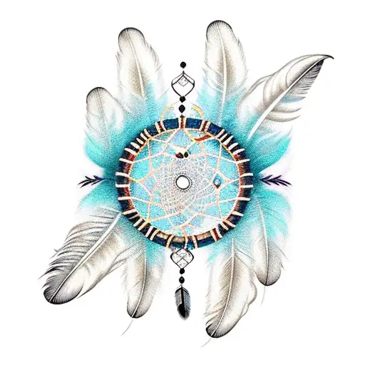 half Moon dream catcher crystals and feathers  tattoo design idea