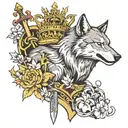 wolves, cherry blossoms falling, kings crown, knights sword tattoo design idea