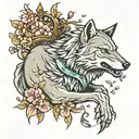 wolves, cherry blossoms falling, kings crown, knights sword tattoo design idea