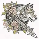 wolves, cherry blossoms falling, kings crown, knights sword tattoo design idea