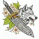 wolves, cherry blossoms falling, kings crown, knights sword tattoo design idea