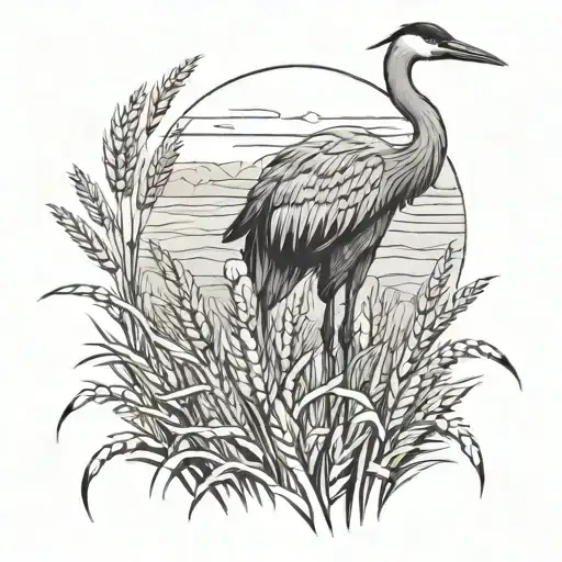 Crane standing on a field of wheat tattoo design idea