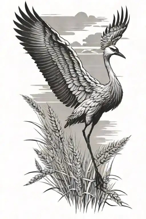 Crane in an field of wheat farm viewed  tattoo design idea