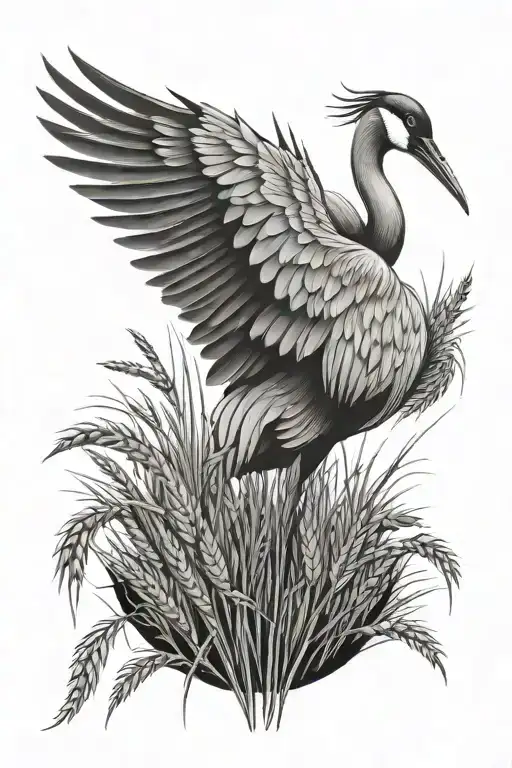 Nordic Crane bird on a field of wheat  tattoo design idea