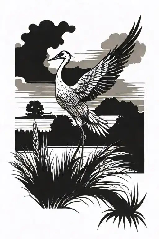 Crane in an field of wheat farm viewed  tattoo design idea