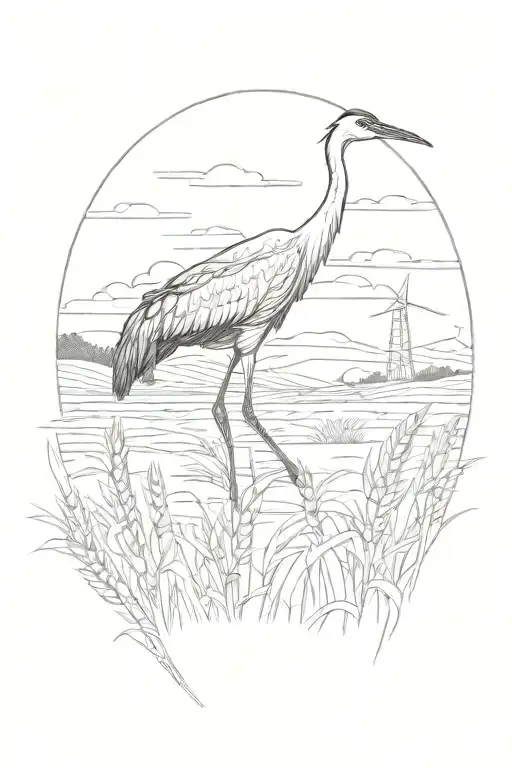 Crane in an field of wheat farm viewed  tattoo design idea