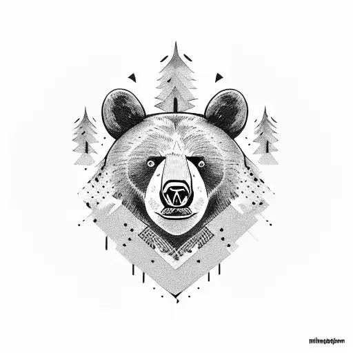 black bear face with pine trees around tattoo design idea