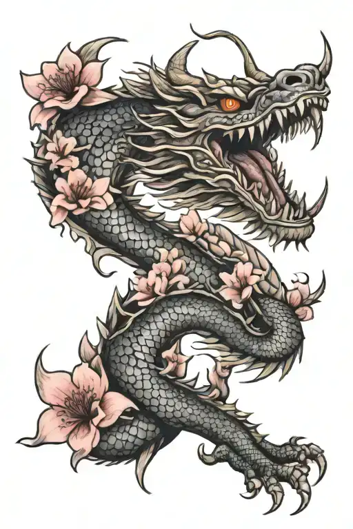 japanese dragon with sakura flowers tattoo design idea