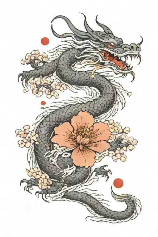 japanese dragon with sakura flowers tattoo design idea