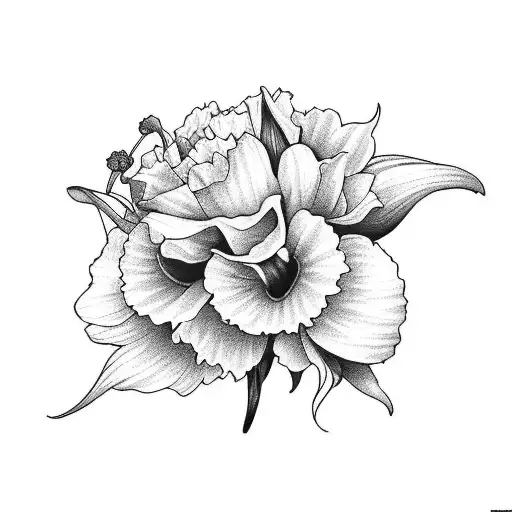 flower bouquet 3 yellow daffodil  2 carnations  2 violet  1 rose  1 larkspur  1 poppy  1 cosmos  tattoo design idea