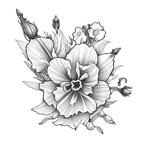 Flower design using 3 yellow daffodil  2 carnations  2 violet  1 rose  1 larkspur  1 poppy  1 cosmos  tattoo design idea