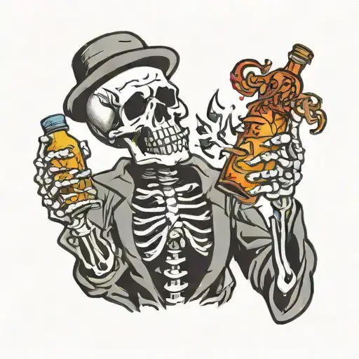 a skeleton holding a bottle of fireball and saying "Right On" tattoo design idea