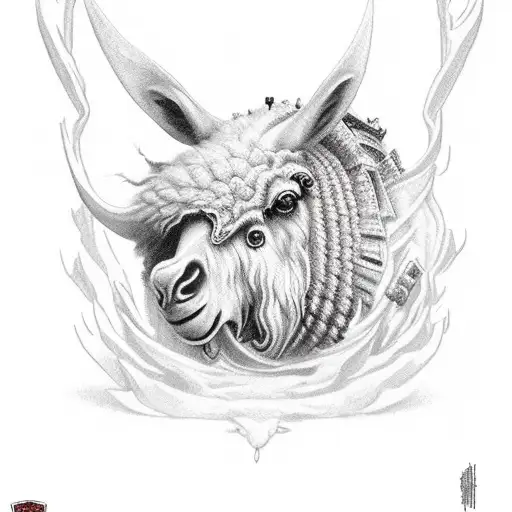 a knight standing at the foot of a giant sheep god tattoo design idea