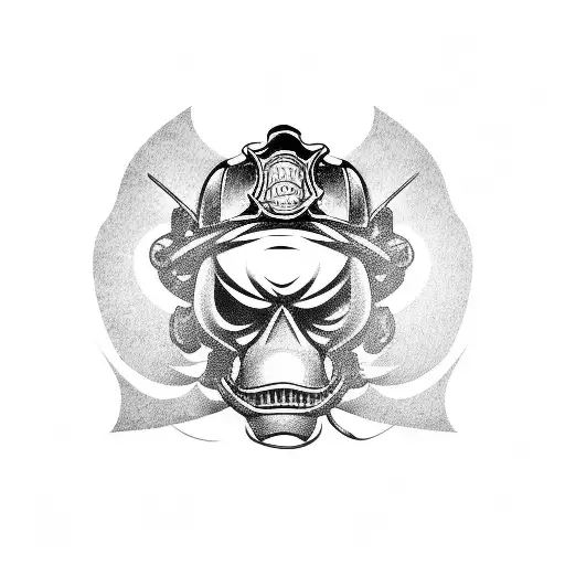 A firefighter helmet with a Hannya mask design tattoo design idea