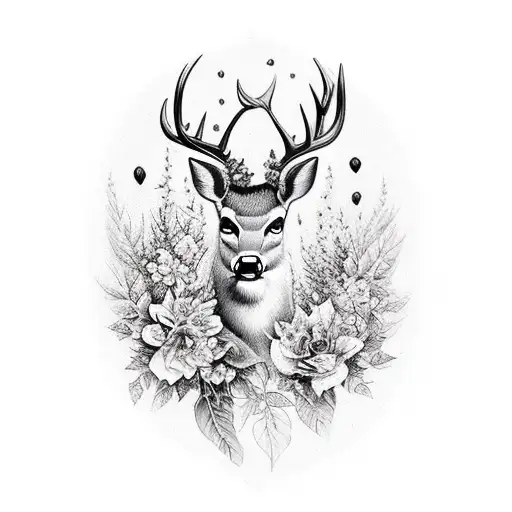 Busty nature deer mountains waterfall trees leaves flowers black white tattoo design idea