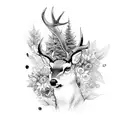 Busty nature deer mountains waterfall trees leaves flowers black white tattoo design idea
