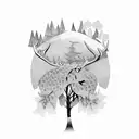 Busty nature deer mountains waterfall trees leaves flowers black white tattoo design idea