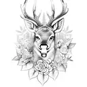 Busty nature deer mountains waterfall trees leaves flowers black white tattoo design idea
