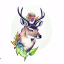 Busty nature deer mountains waterfall trees leaves flowers black white tattoo design idea