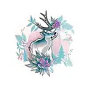 Busty nature deer mountains waterfall trees leaves flowers black white tattoo design idea