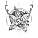 Busty nature deer mountains waterfall trees leaves flowers black white tattoo design idea