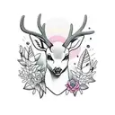 Busty nature deer mountains waterfall trees leaves flowers black white tattoo design idea