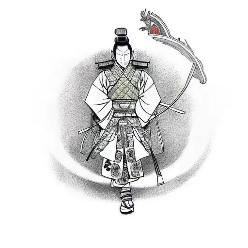 Samurai in kimono with a resting samurai armour aside tattoo design idea