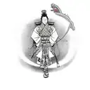 Samurai in kimono with a resting samurai armour aside tattoo design idea