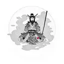 Samurai sitting wearing a kimono with a resting samurai armour aside tattoo design idea