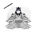 Samurai sitting wearing a kimono with a resting samurai armour aside tattoo design idea