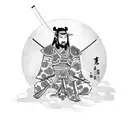 Samurai sitting wearing a kimono with a resting samurai armour aside tattoo design idea