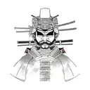Samurai sitting wearing a kimono with a resting samurai armour aside tattoo design idea