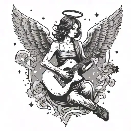 An angelic silhouette playing a guitar under a starry sky, combining the client's love for angels and music tattoo design idea