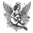 An angelic silhouette playing a guitar under a starry sky, combining the client's love for angels and music tattoo design idea