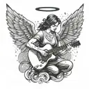 An angelic silhouette playing a guitar under a starry sky, combining the client's love for angels and music tattoo design idea