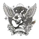 An angelic silhouette playing a guitar under a starry sky, combining the client's love for angels and music tattoo design idea