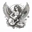 An angelic silhouette playing a guitar under a starry sky, combining the client's love for angels and music tattoo design idea