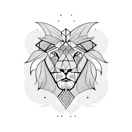 geometric lion's head inside a human heart and with 3 pillars tattoo design idea