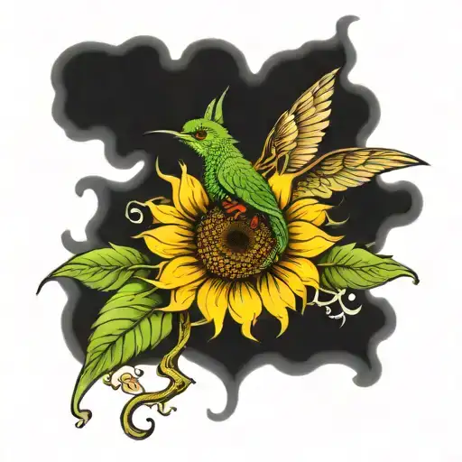 sunflower, snapping dragon flower with hummingbirds and butterflies  tattoo design idea