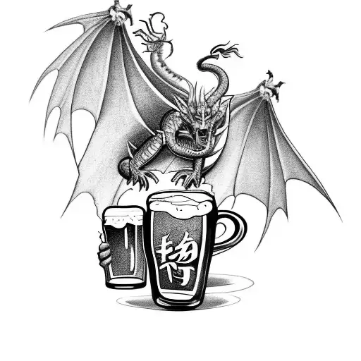  a walking dragon with a mug of beer in hand. The dragon must have 3 pairs of wings. tattoo design idea