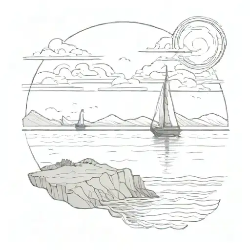 A sun setting over a tranquil ocean scene with a sailboat in the distance tattoo design idea