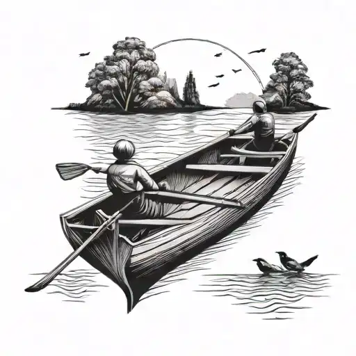 rowing boat with two people and two silhouettes of birds flying tattoo design idea